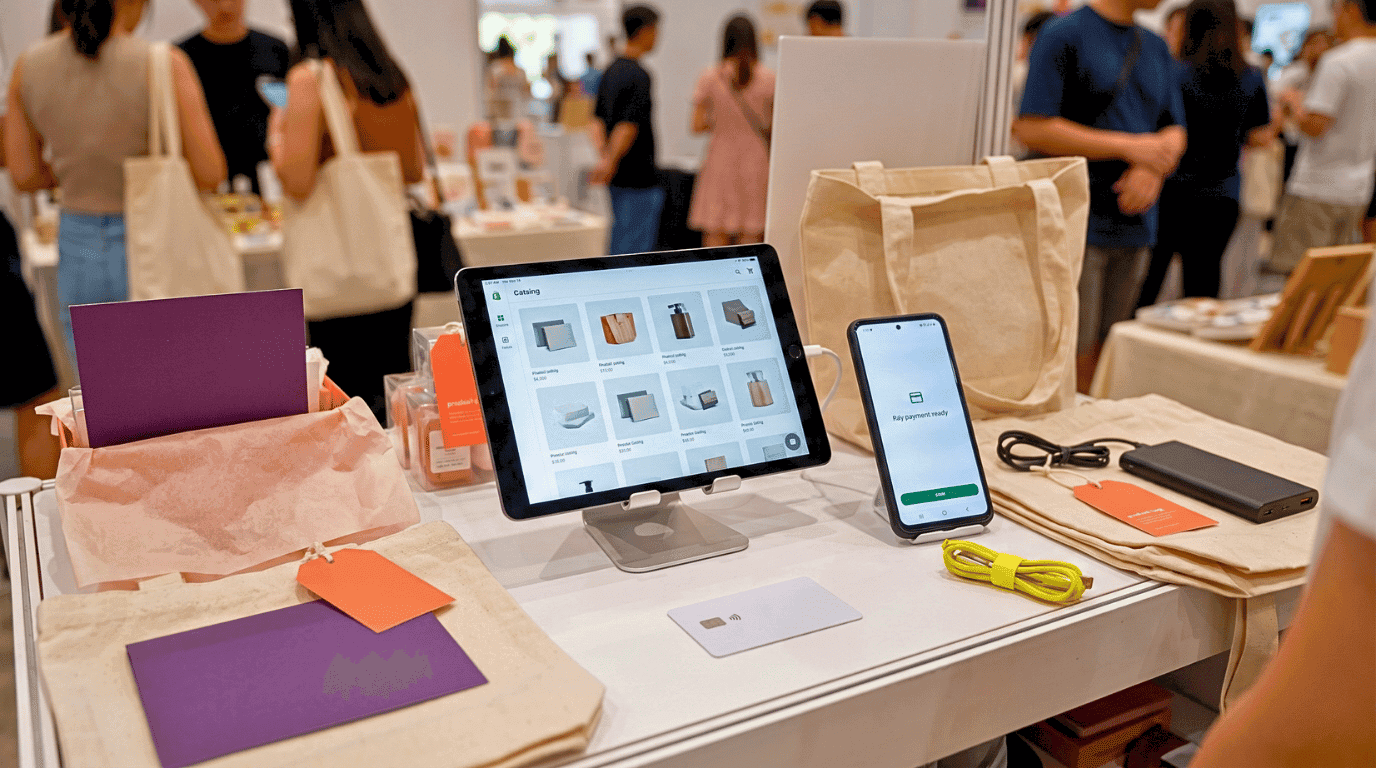 Shopify POS card payments Singapore pop-ups setup with tablet, phone payment app, product display and pop-up checkout tools