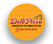 Logotipo da delliPizza com fatia de pizza em chamas, representando pizzaria artesanal e pizzas assadas na brasa.