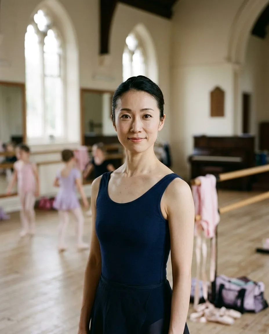 Hana Mori, ballet teacher, in a navy leotard in the studio