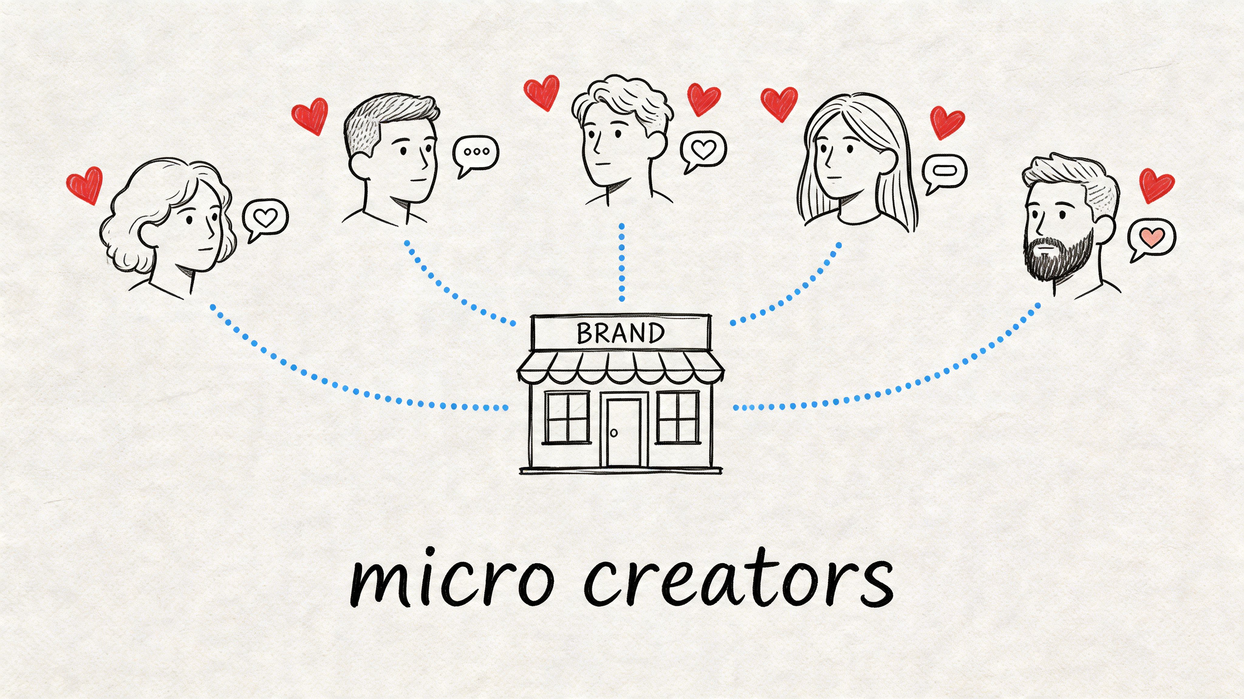 A hand-drawn illustration depicting a brand store connecting with multiple individual micro-creators through social media interaction.