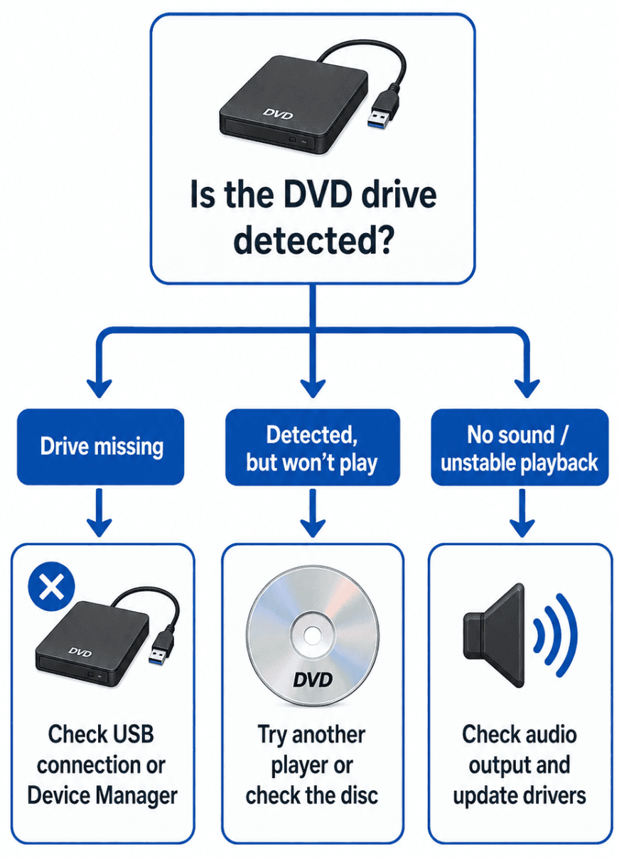 Flowchart of common Windows 11 DVD playback problems: drive not detected, disc will not play, or no sound