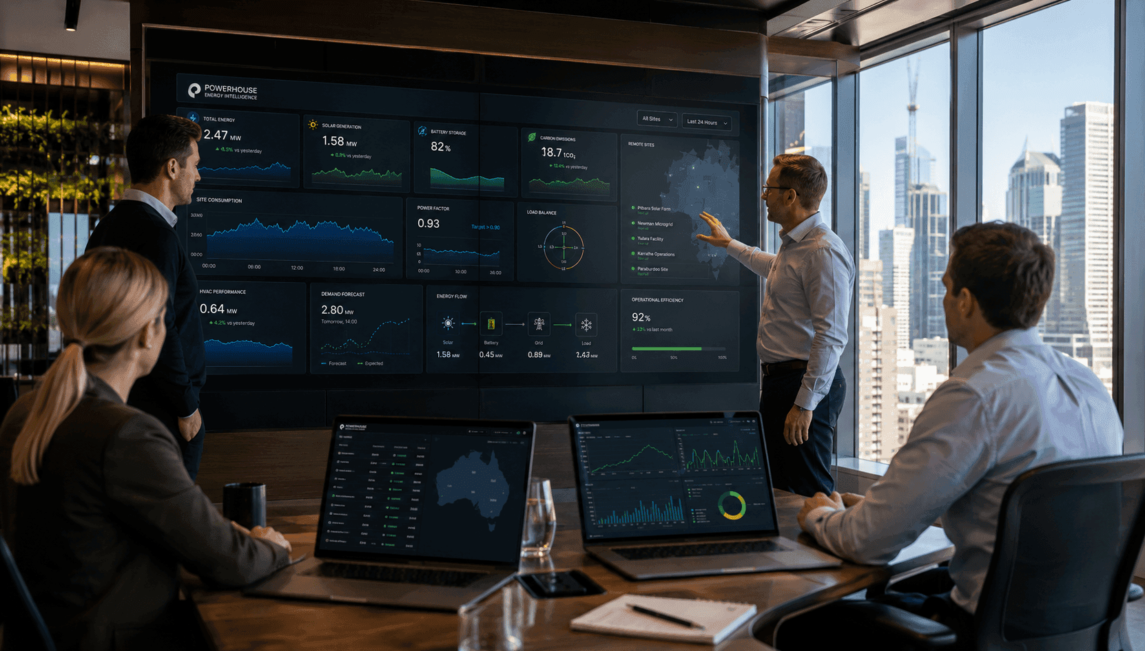 Powerhouse Energy Intelligence dashboard showing total energy, solar generation, battery storage, carbon emissions, site consumption, HVAC performance, demand forecast, and operational efficiency.