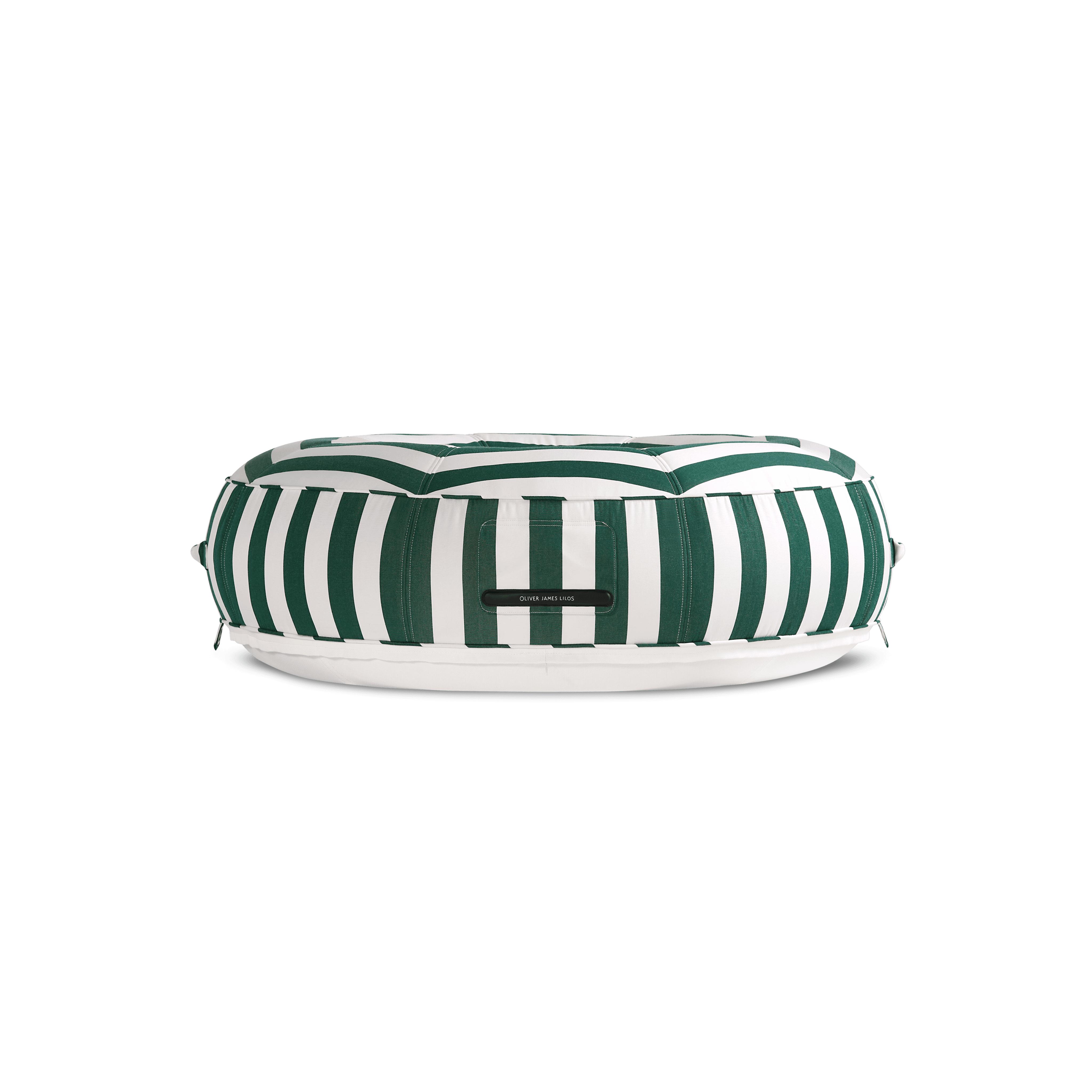 Ring pool float showing green-and-white striped symmetry, quilted panels, and white protective base