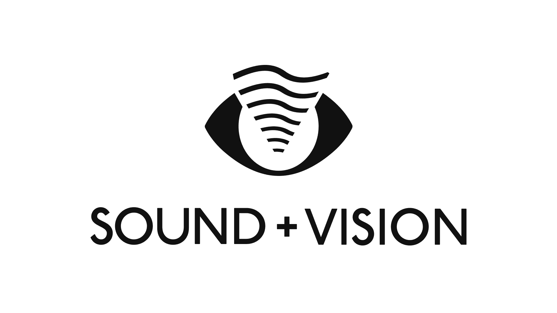 The image features the text "SOUND + VISION" in bold, black capital letters on a white background, accompanied by a stylized black icon of an eye with a wavy line above it, symbolizing sound waves or visual representation of sound.