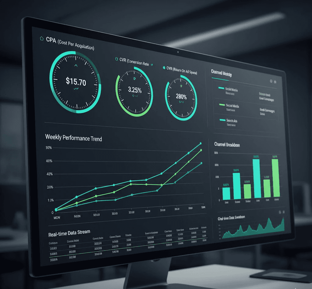 Illustration of a digital marketing KPI dashboard. A free specialist tool by Mahendra R for auditing ROAS, CPA, and CVR.