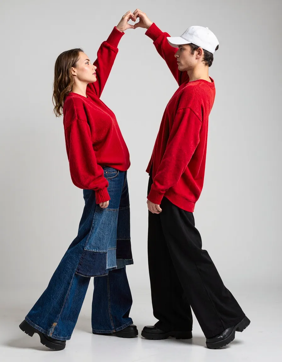 Couple in matching red sweaters making heart shape with hands against neutral background in studio portrait