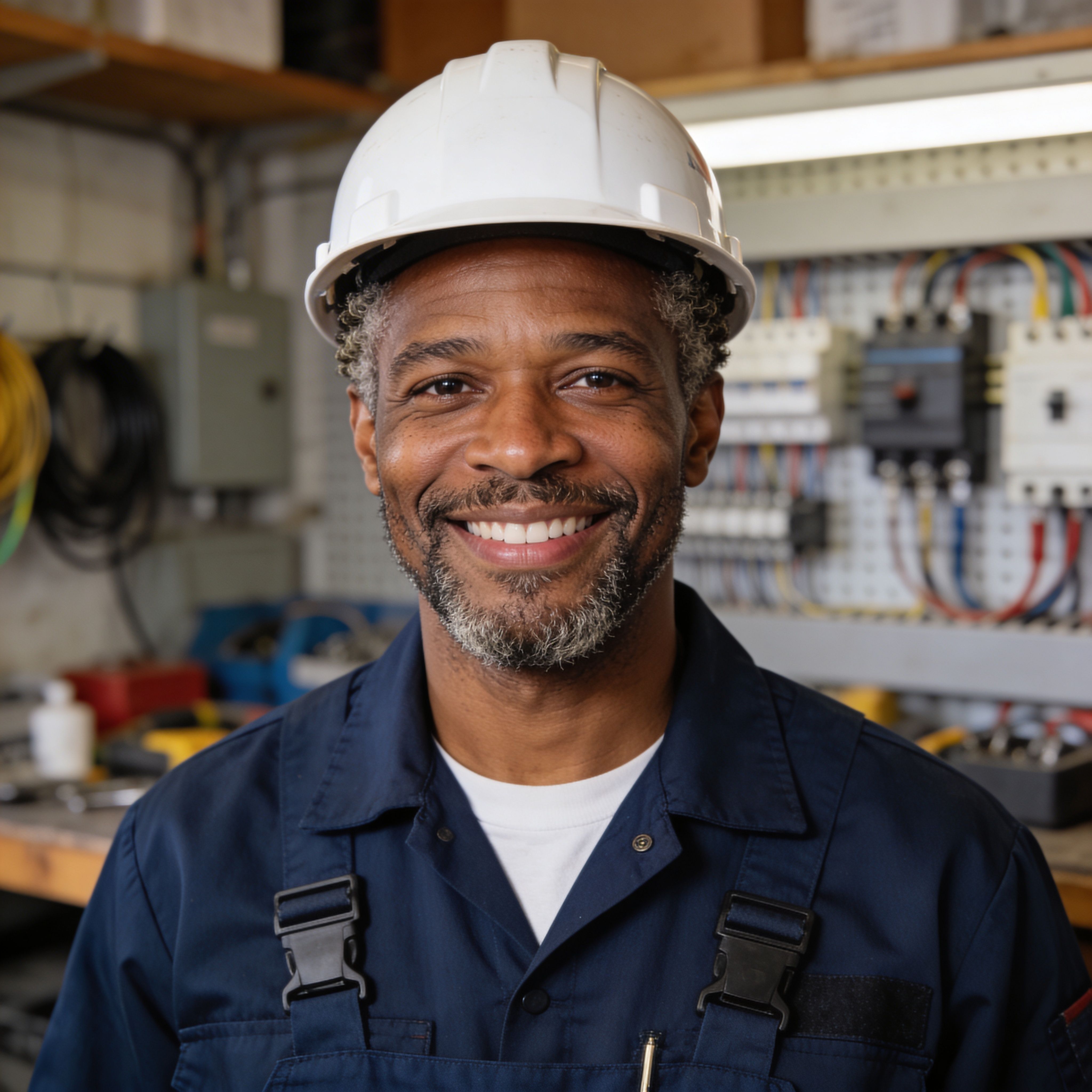 Experienced electrician in white hard hat smiling in front of electrical control panel