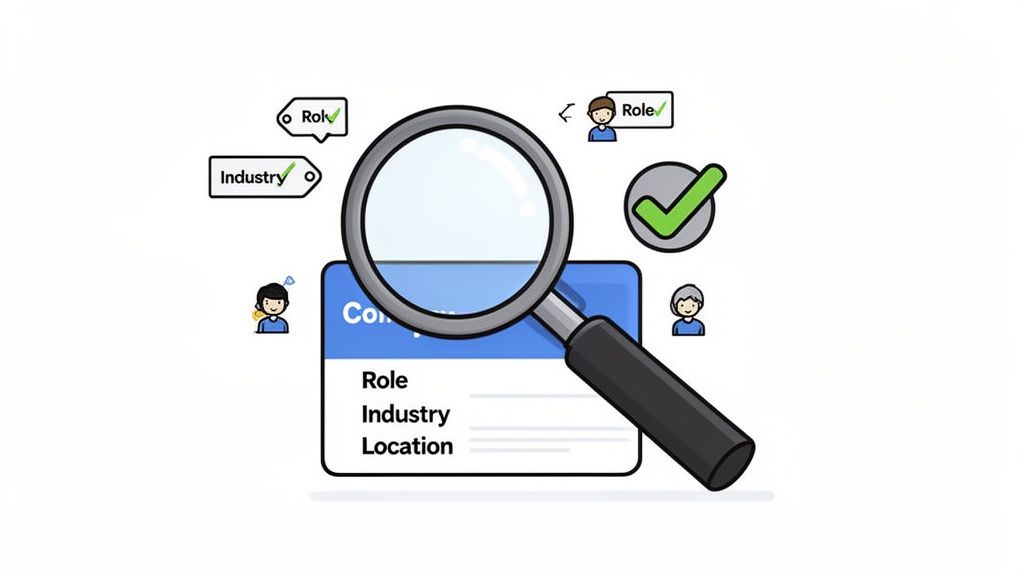 A magnifying glass searching for people based on role, industry, and location filters.