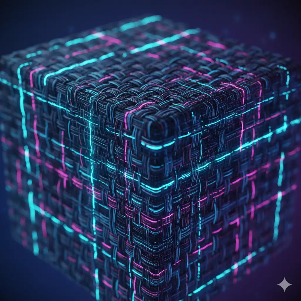 Glowing woven cube with textured fiber grid, neon blue and magenta threads tracing geometric circuits against a dark background