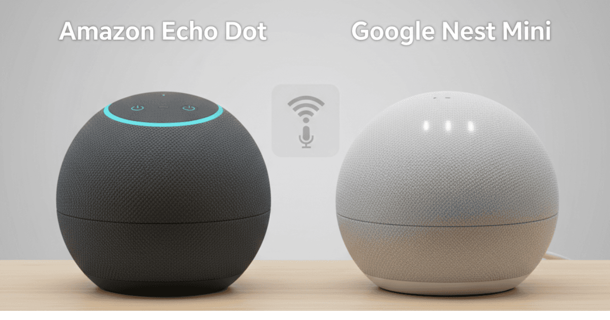 Foto comparativa de dois assistentes virtuais de entrada, o Amazon Echo Dot e o Google Nest Mini, destacando suas semelhanças e diferenças de design.