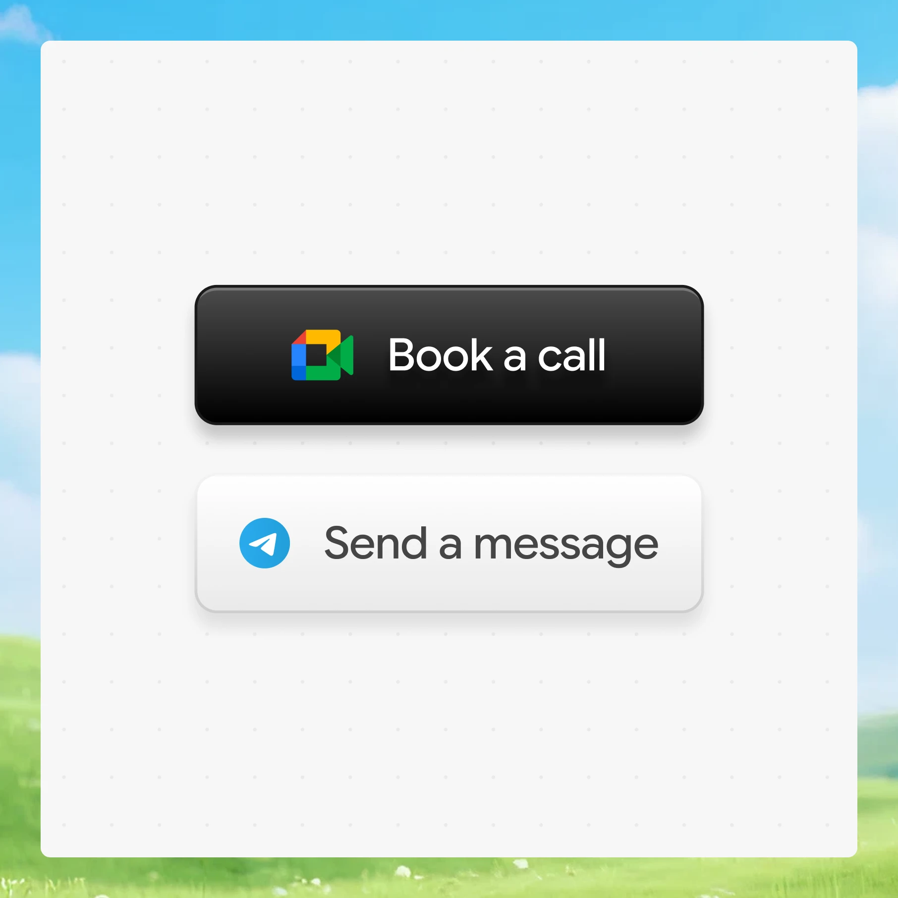 Book a call and send a message buttons.