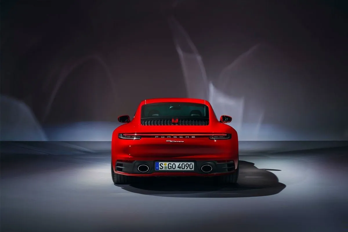 Rear view of a red performance coupe
