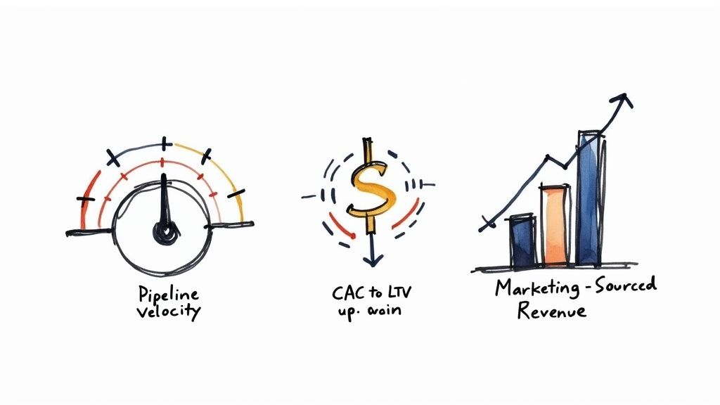 A close-up shot of a dashboard on a tablet screen, showing various marketing metrics and revenue charts, symbolizing the measurement of demand generation marketing.
