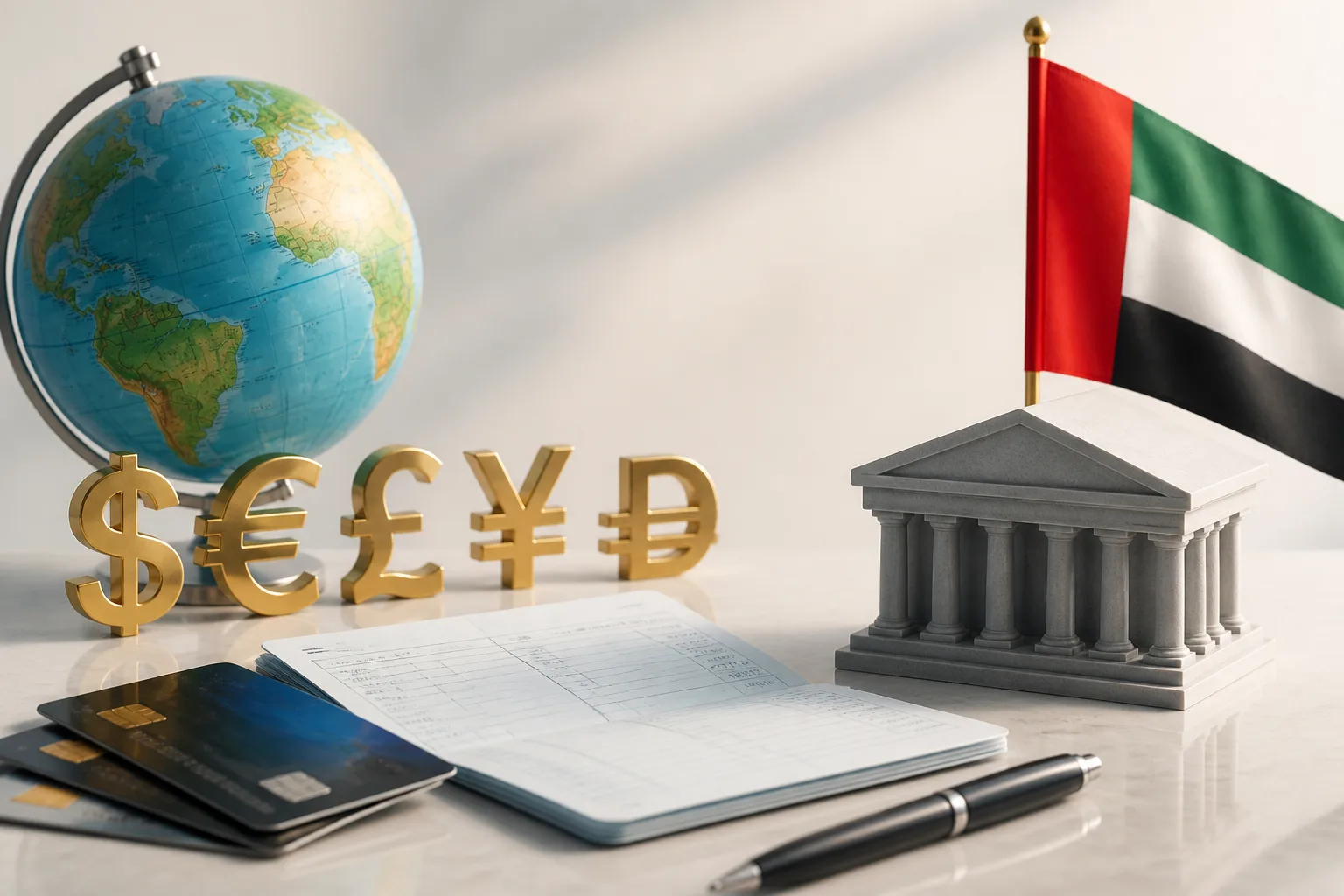 Multi Currency Business Bank Account in the UAE beside a corporate bank card, payment terminal