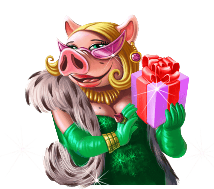 Piggy Riches — symbole Scatter Lady Pig avec un cadeau