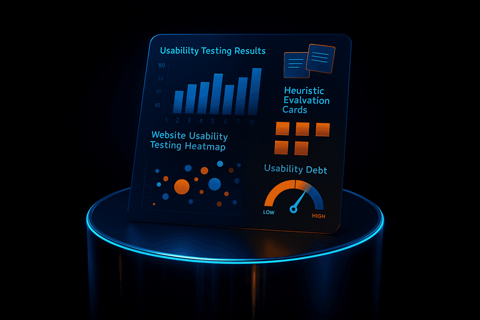 UX research dashboard showing usability testing checklist and heuristic evaluation metrics
