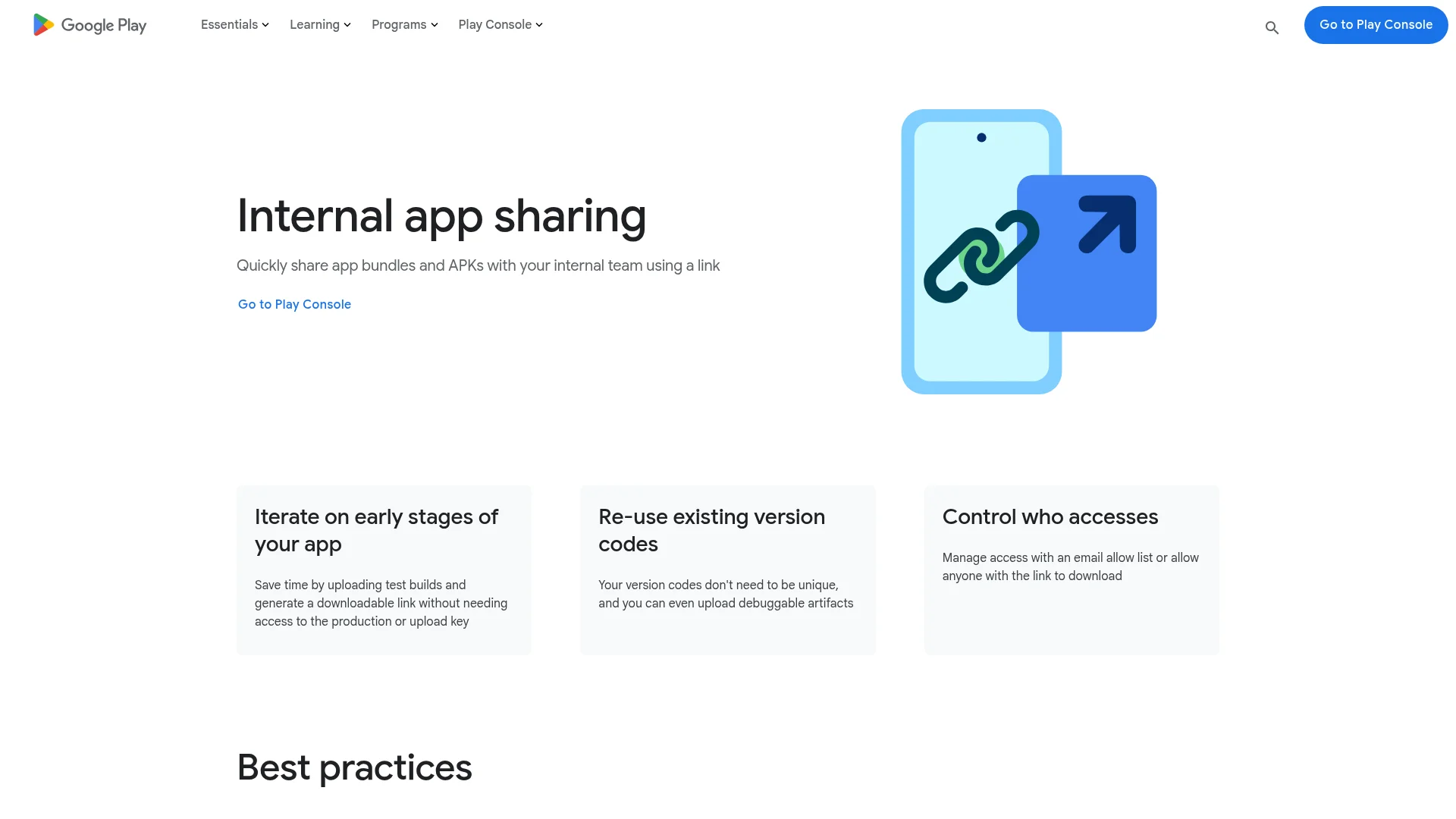 Google Play Console internal app sharing page explaining build sharing links