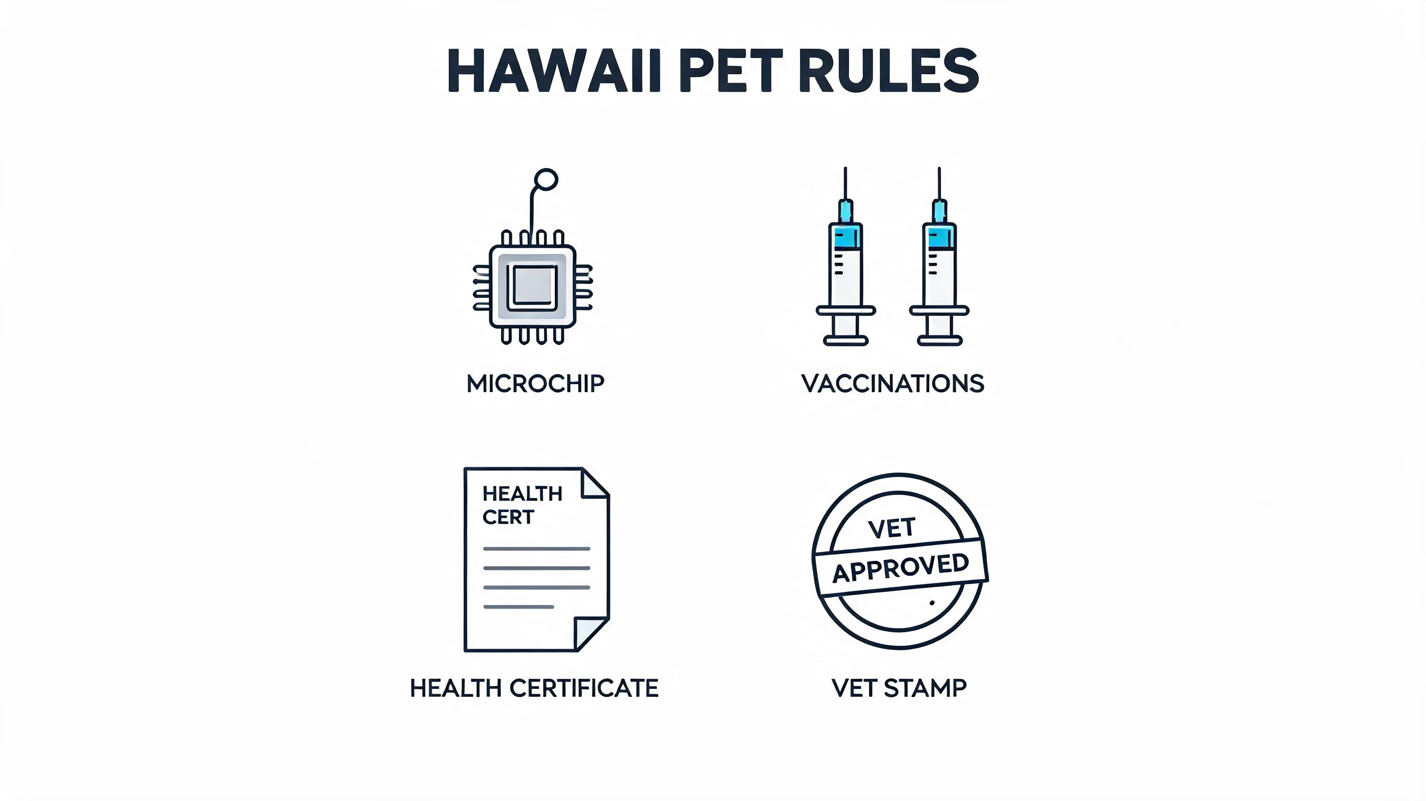 An infographic titled Hawaii Pet Rules showing icons for a microchip, vaccinations, health certificate, and vet stamp.