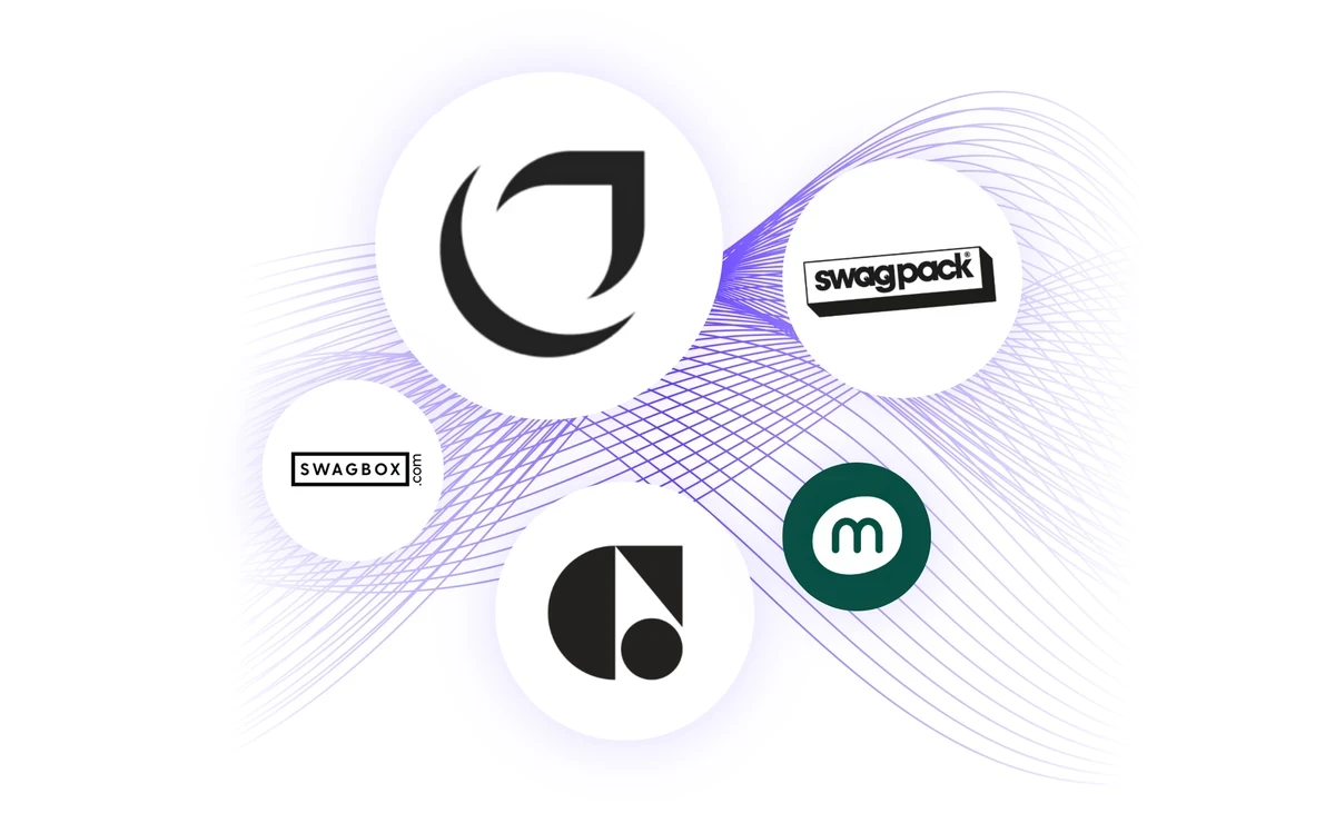 Logos of PerkUp, SwagPack, Swag Box, Monday Merch, and Gemnote.