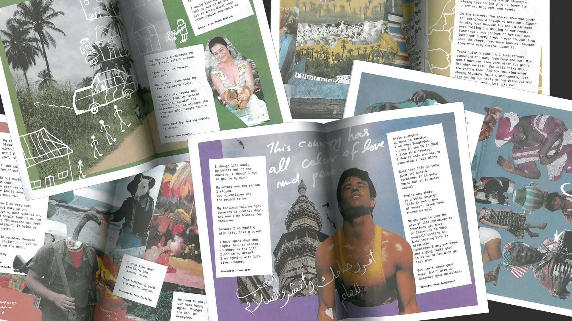 Mise en scène de plusieurs brochures ouvertes étalées en éventail, présentant une mise en page éditoriale de style collage. Le design combine des découpages fait par des réfugiés, des témoignages textuels en anglais, des illustrations naïves à la main levée et des calligraphies blanches sur des fonds colorés et texturés.