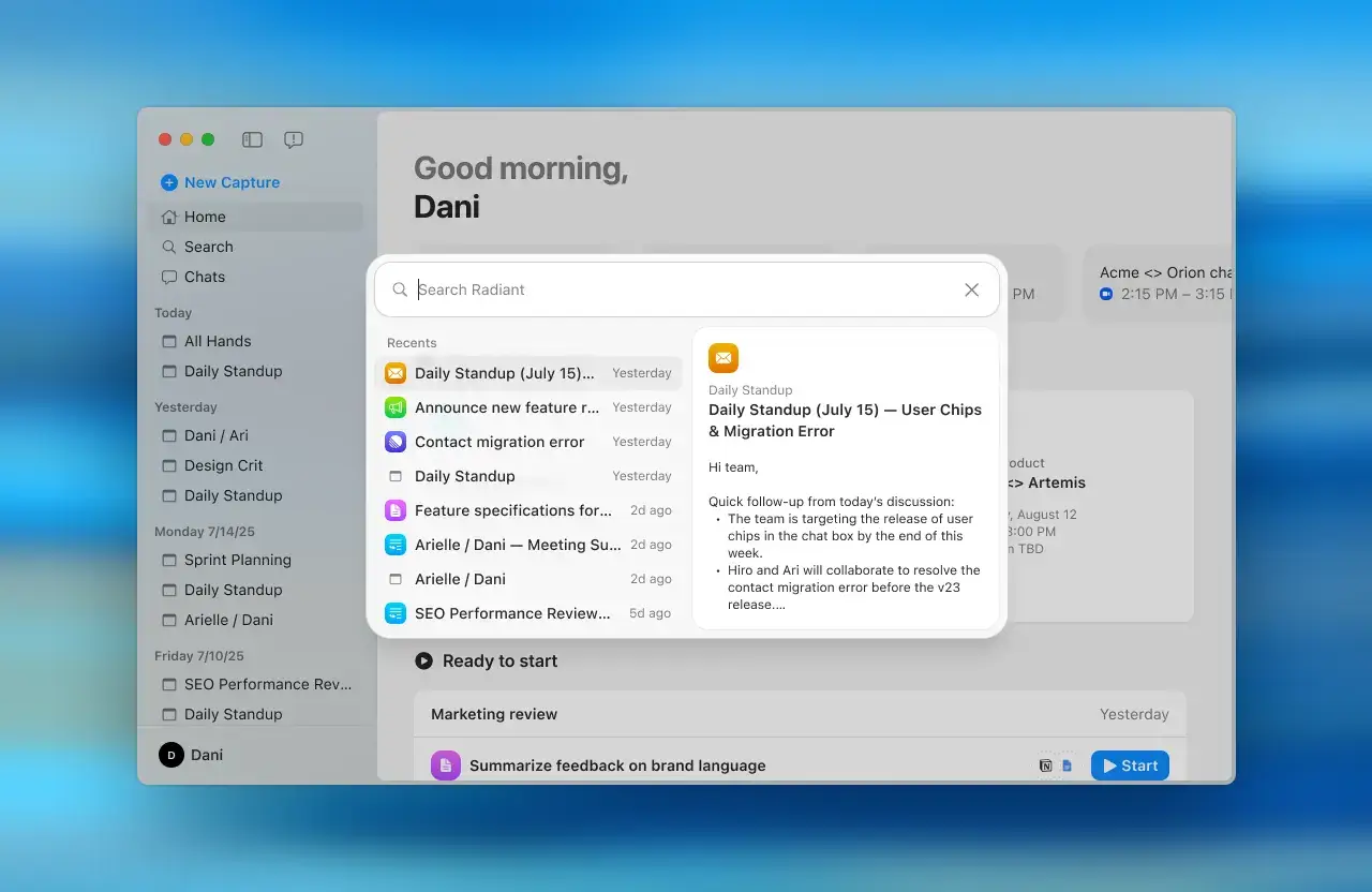 Radiant search view displaying a search bar and a list of recent meetings and documents. A Daily Standup follow-up draft is previewed on the right side, with the left sidebar showing meetings organized by date.