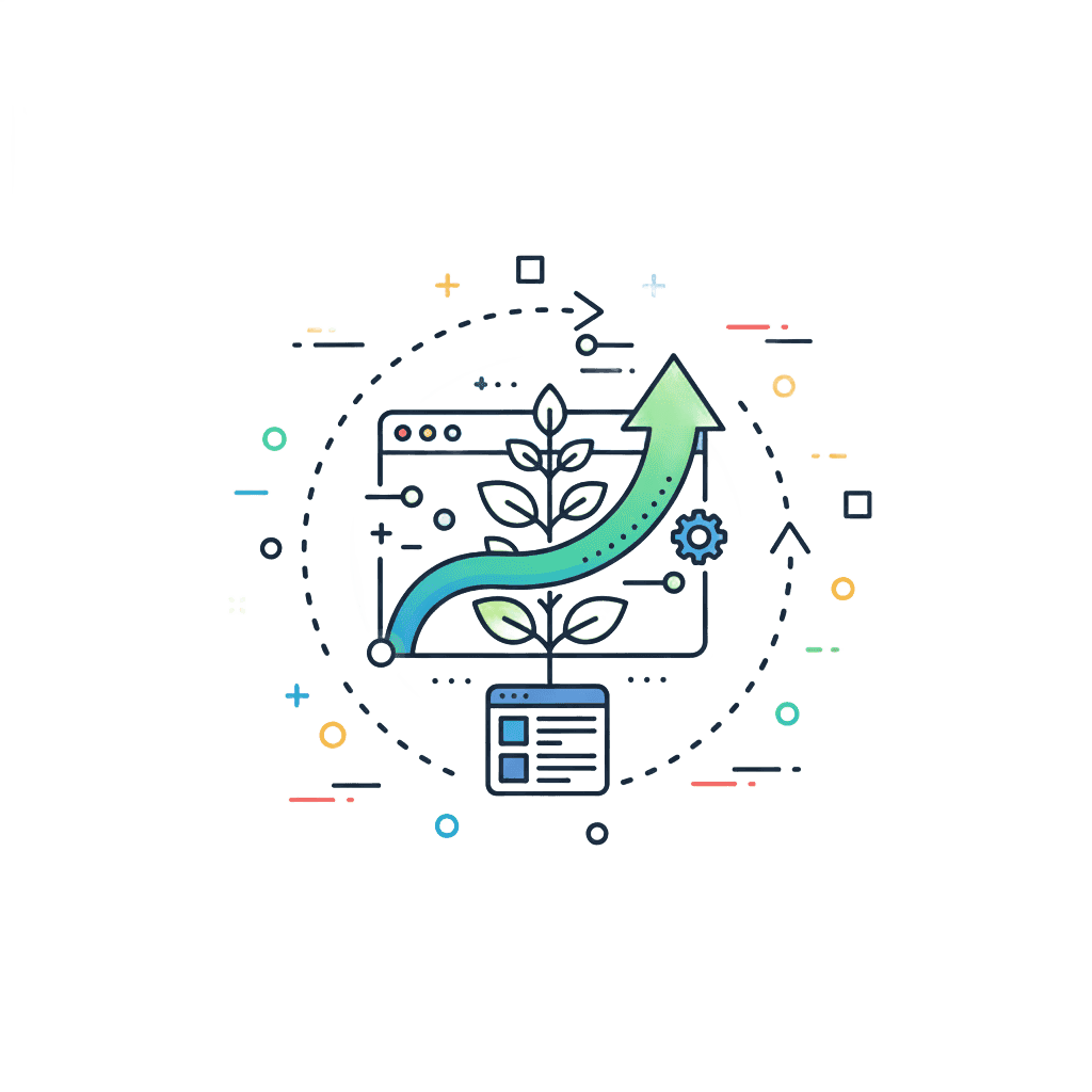 Icon representing the power to grow, showing a plant sprouting from a line graph with a strong upward-pointing arrow and leaves growing out of a web browser window.