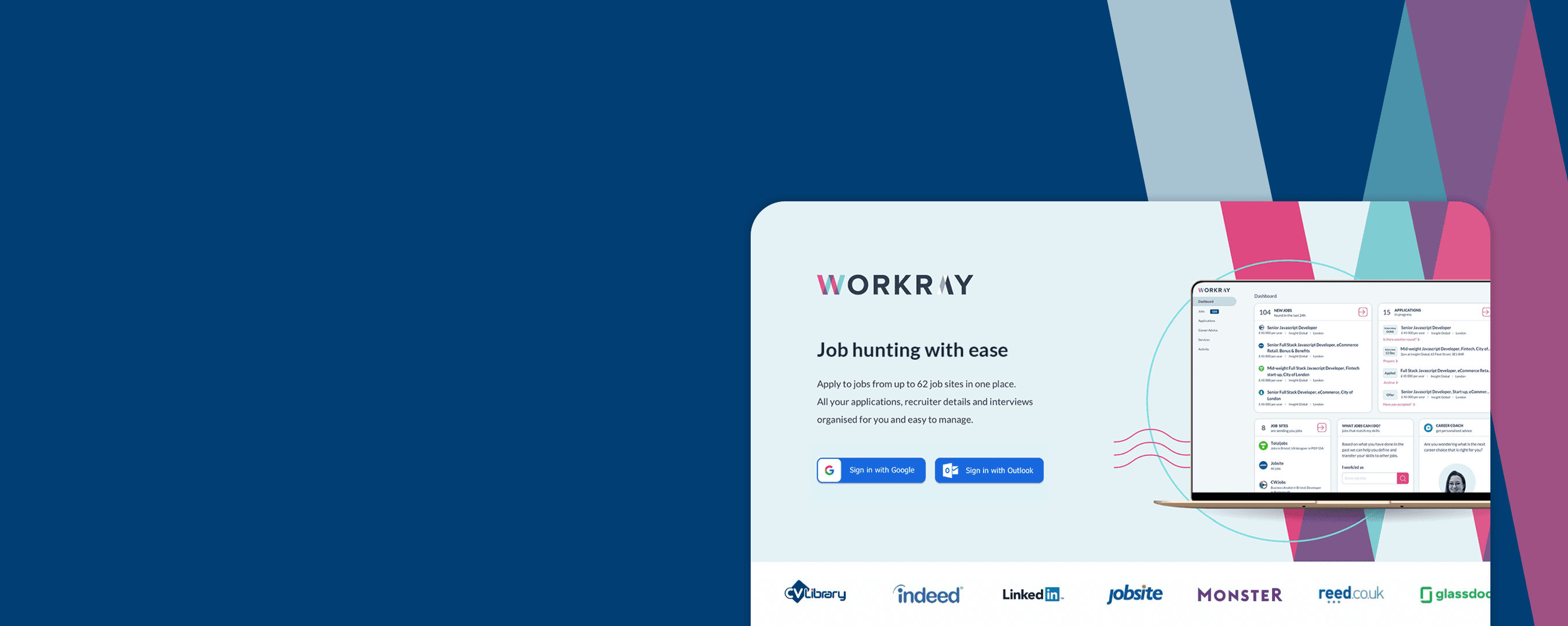Colourful landing page telling the user they will ease their job hunt