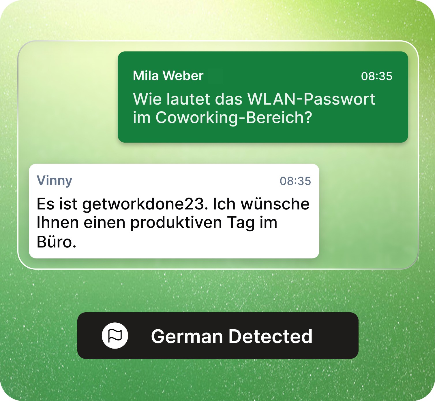 Chat interface showing a message from Mila Weber asking in German, ‘Wie lautet das WLAN-Passwort im Coworking-Bereich?’ Vinny replies in German with the Wi-Fi password and a polite message. A black banner at the bottom displays a flag icon and the text ‘German Detected’ on a green gradient background.