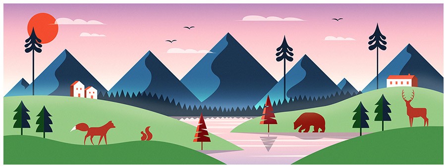 Stylized illustration showcasing a landscape with mountains, trees, a river, animals, and houses at sunset.