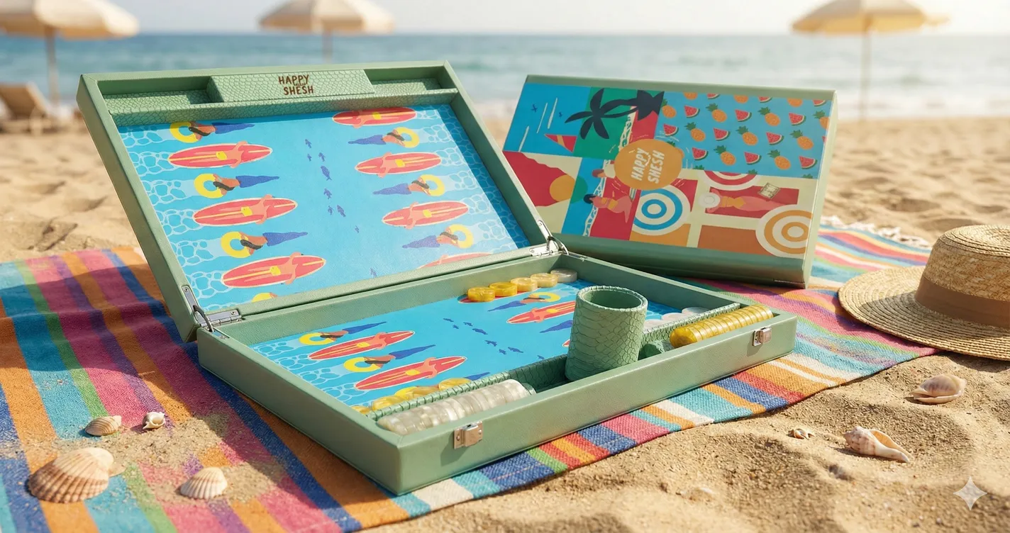 The "Happy Shesh" backgammon game, featuring a blue board with colorful surfboard illustrations, set up on a sunny beach.