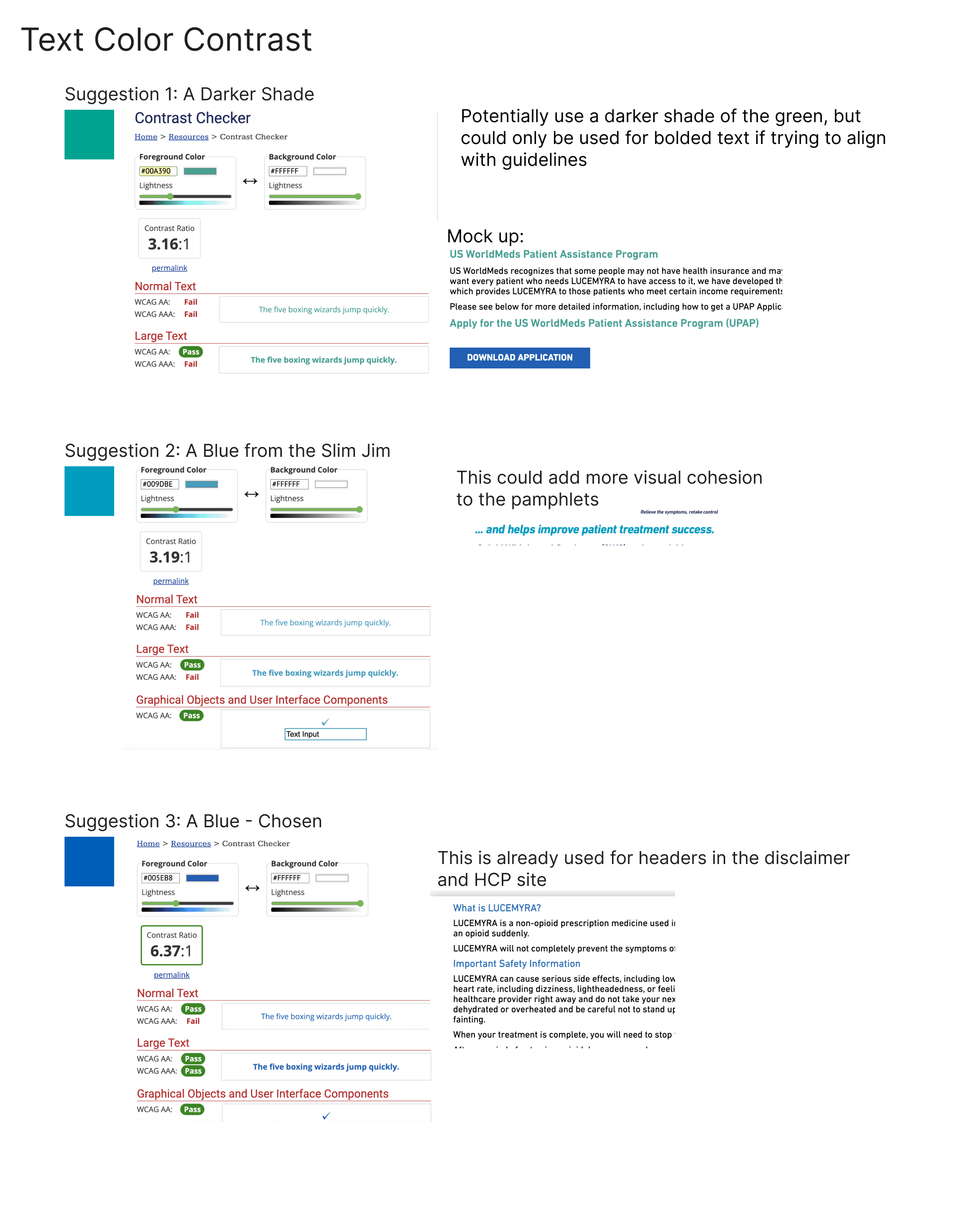 A Slide of the Accessibility Audit Shareout, showing color options that meet minimum AA requirements