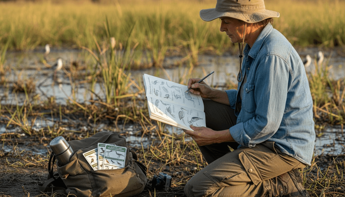 Un ornithologue en pleine observation, crayon à la main, esquisse les oiseaux qui peuplent les marais namibiens.