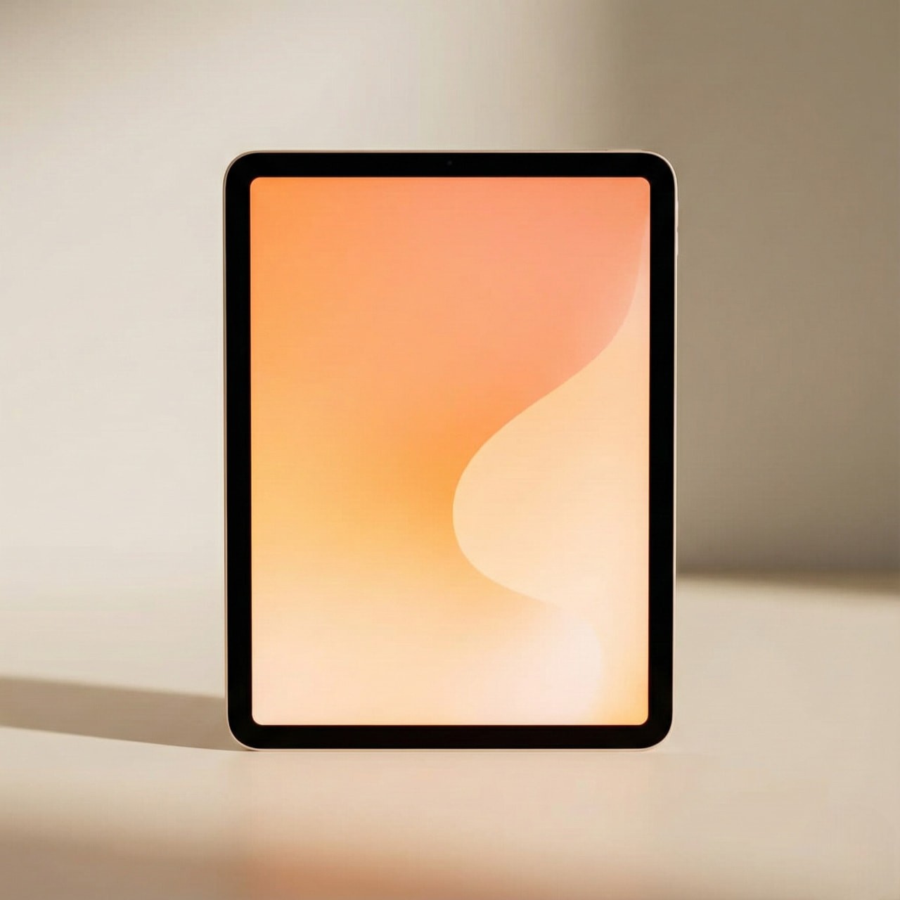 Tablet with a soft orange and yellow abstract background on the screen, placed on a light surface with a gentle shadow, conveying a calm tone.