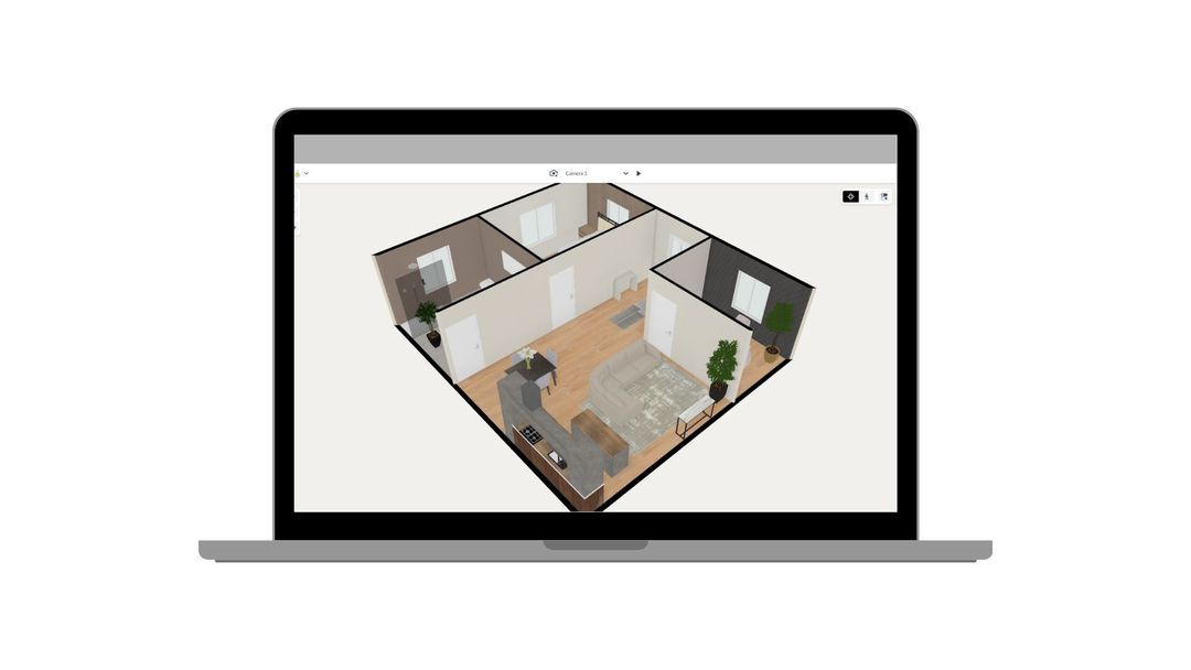 Laptop displaying isometric 3D apartment floor plan with furnished rooms visible from above