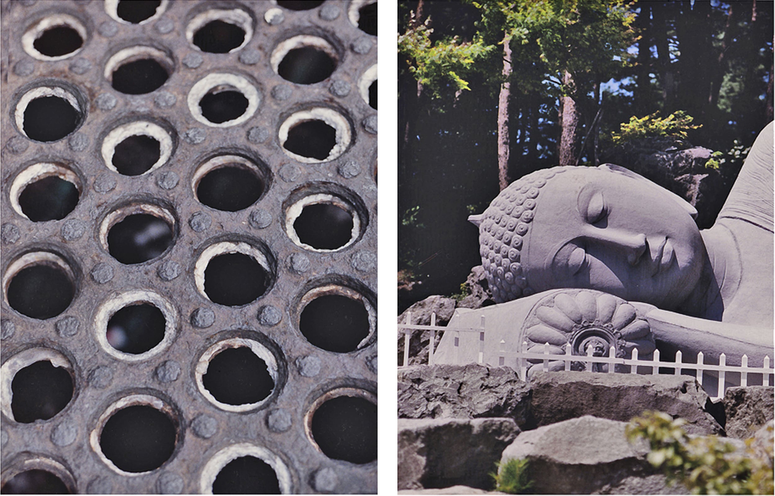 Diptych featuring two photographs: on the left, a close-up of a rusted metal grate with circular openings; on the right, a reclining Buddha statue surrounded by rocks and trees. The contrast between industrial texture and spiritual calm highlights material and meditative balance.


Reply
