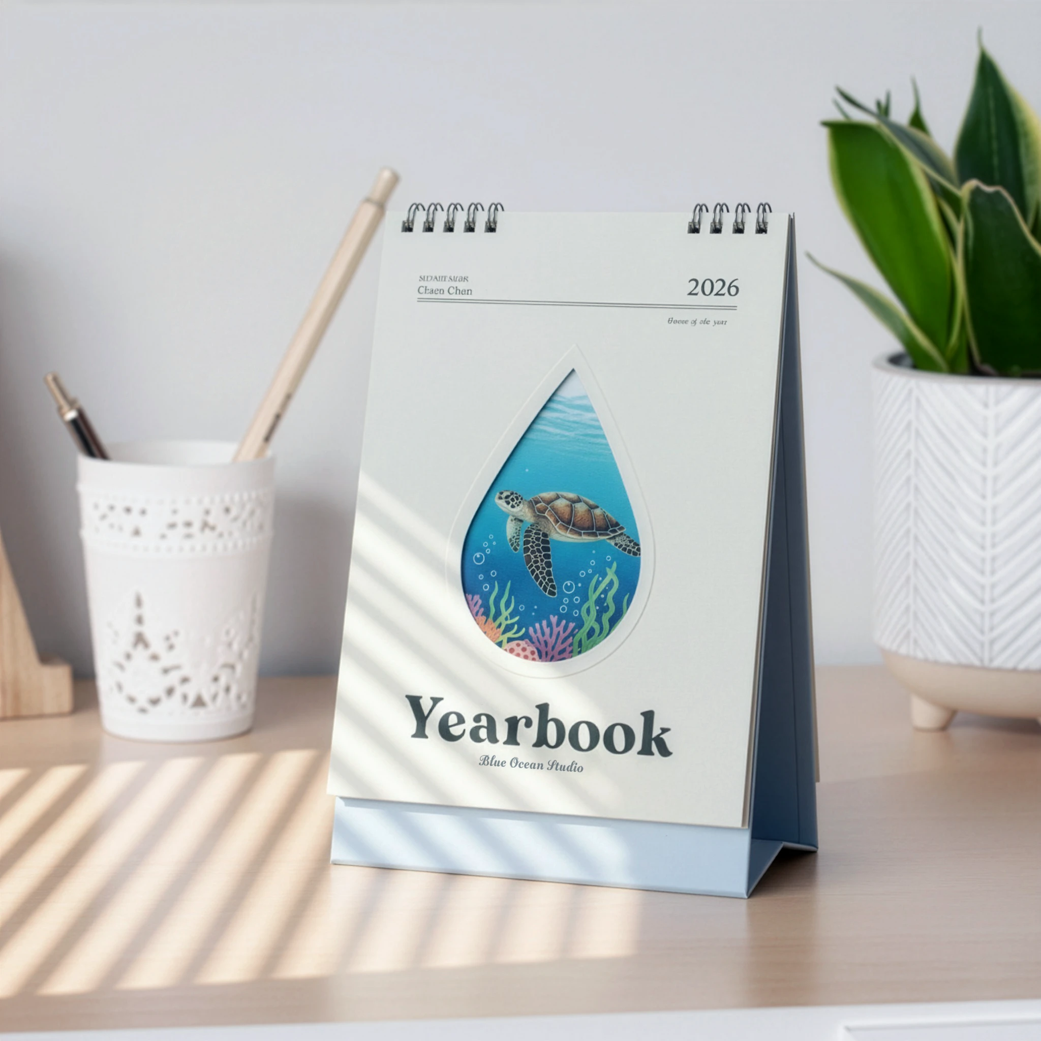 2026 海洋主題桌曆封面設計｜水滴造型內含海龜與珊瑚插畫