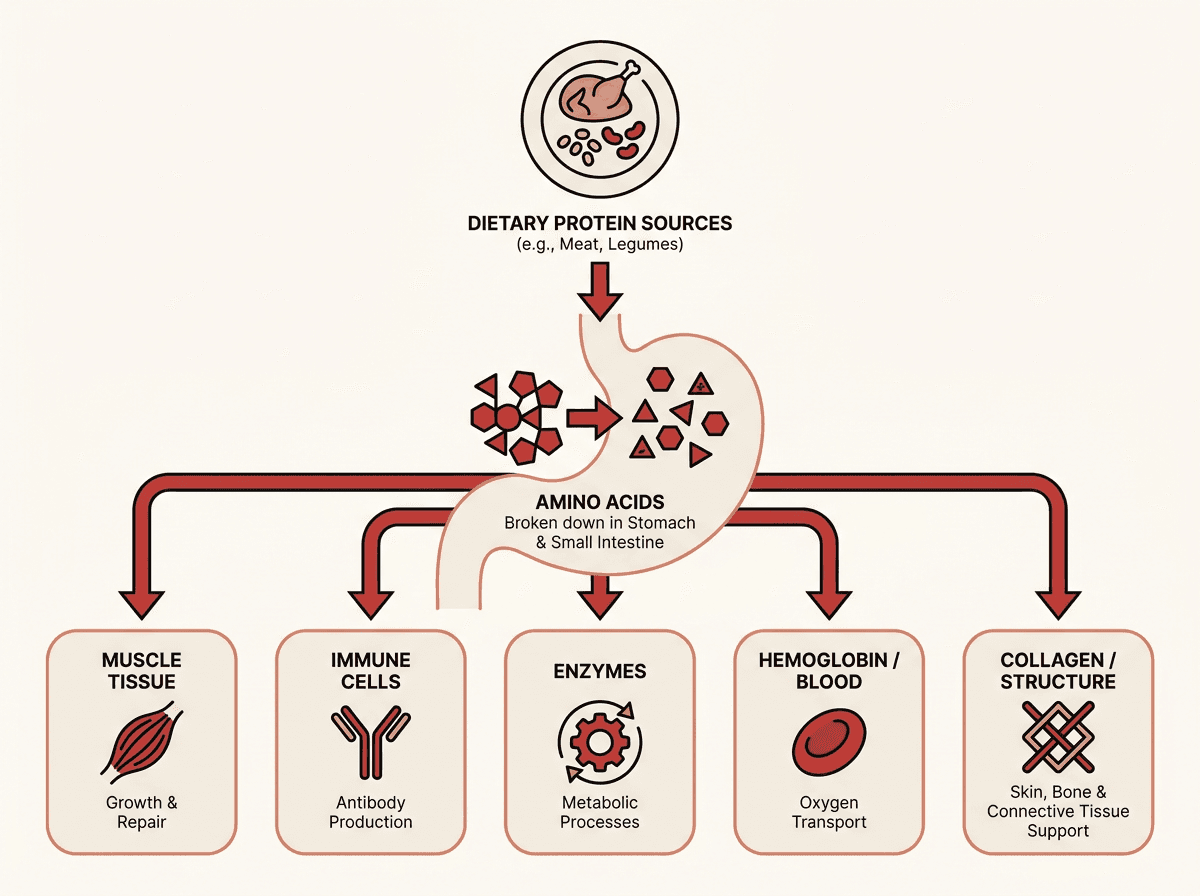 Flowchart diagram showing protein digestion and amino acid distribution in the body