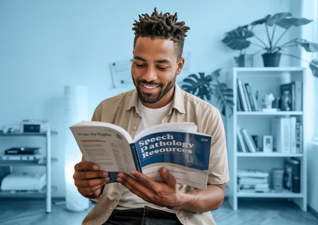Smiling adult reading a booklet titled “Speech Pathology Resources” in a modern therapy office, surrounded by plants and educational materials.