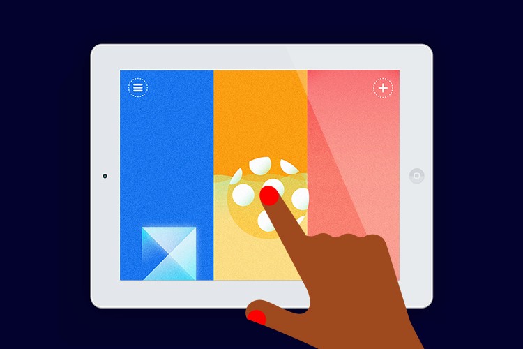 A dark-skinned hand with red nail polish touches the screen of a tablet device. The screen displays a split-screen view: the left half is blue, the right half is orange, and the center is yellow with white circular shapes. The device has a white bezel and a small circle on the top right corner. A small white circle with a plus sign is visible on the top right of the screen, and a small circle with a vertical line is near the top left. The background is dark blue.