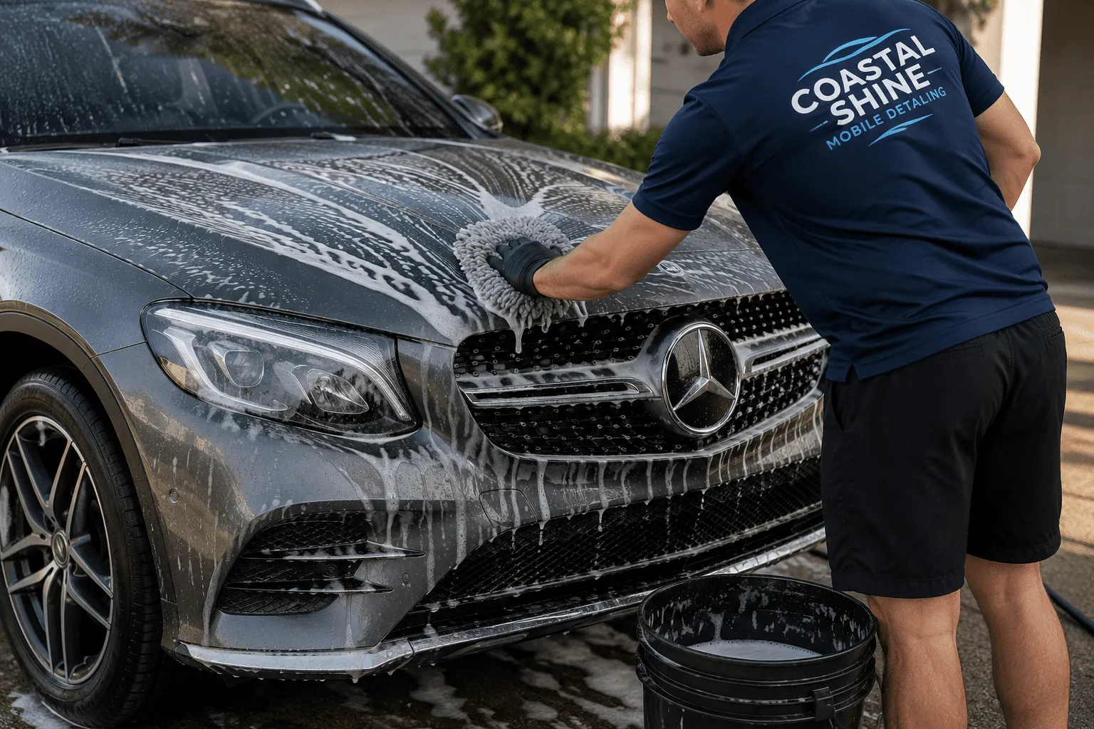 Coastal Shine founder hand-washing a car exterior