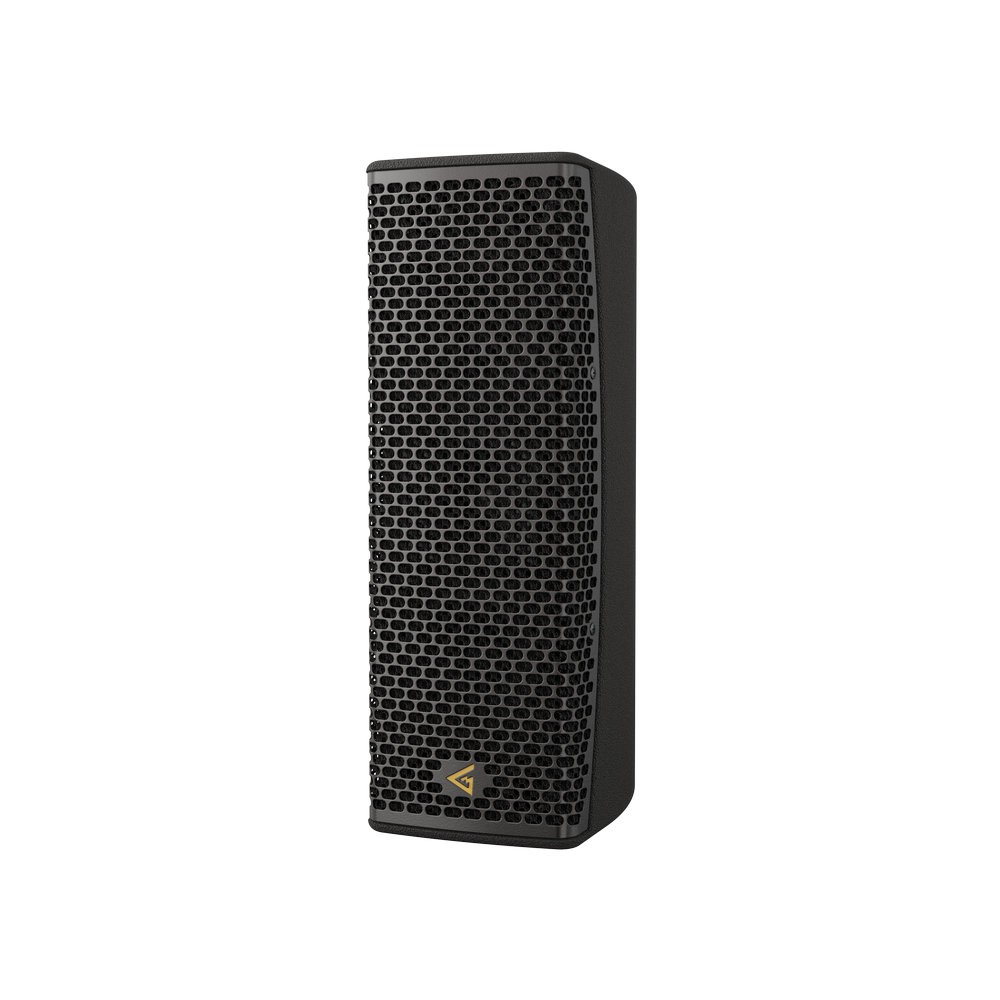 Black line array speaker with honeycomb grille and logo