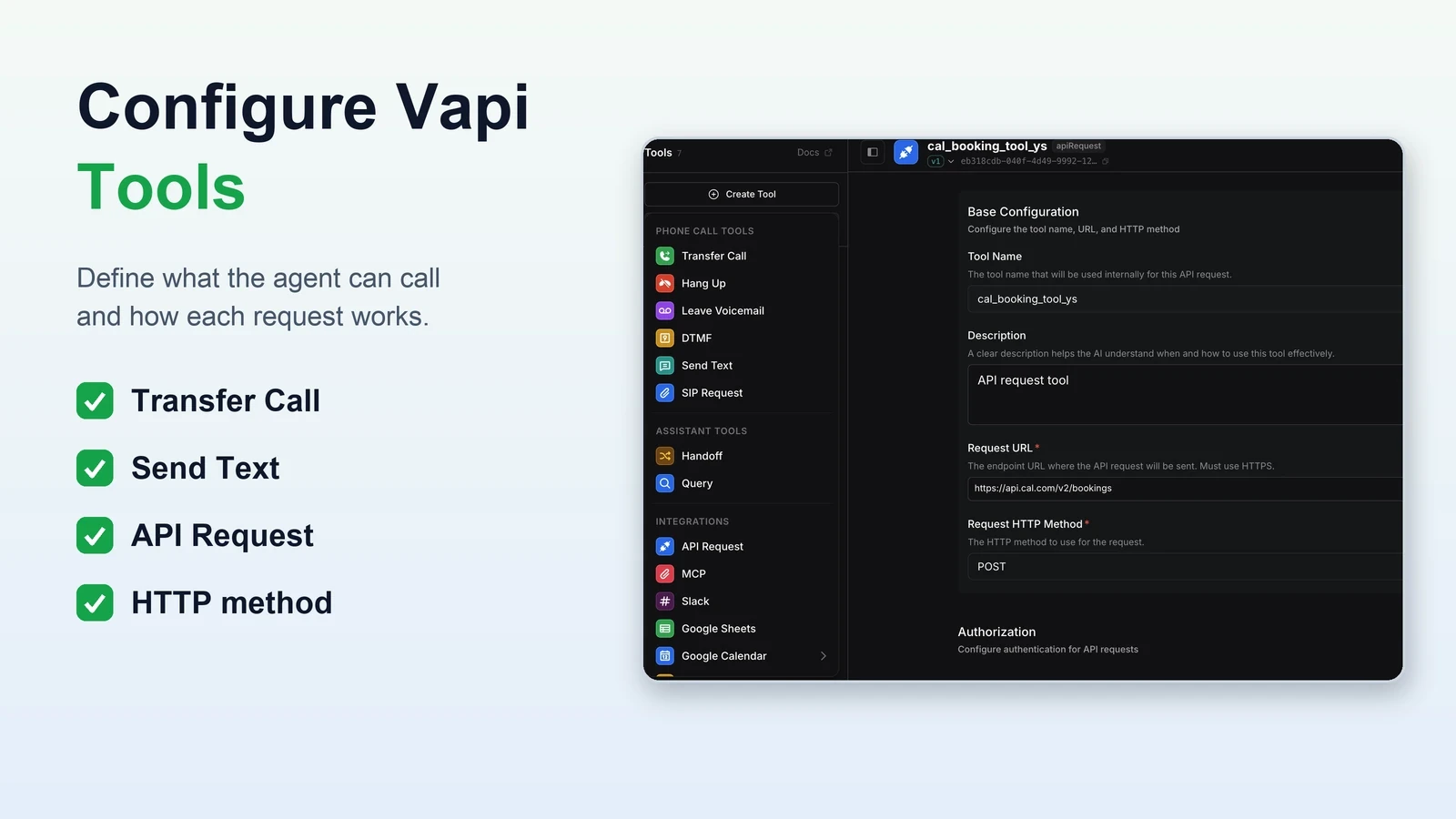 Vapi provider tools used with VoiceAIWrapper, showing call transfer, text messaging, an API request, and POST method.