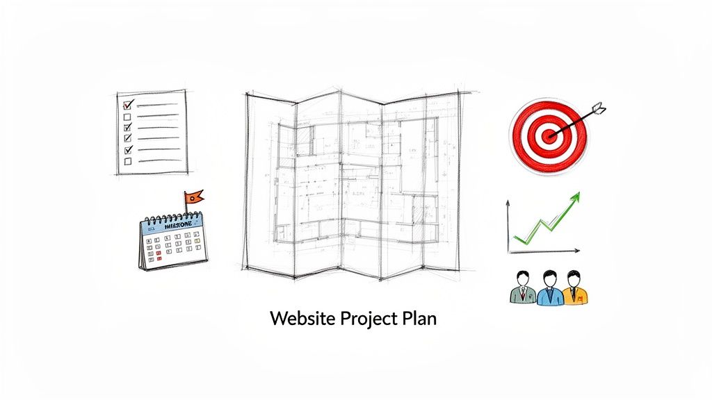 Hand-drawn icons illustrating a website project plan, including tasks, milestones, blueprint, target, growth, and team.
