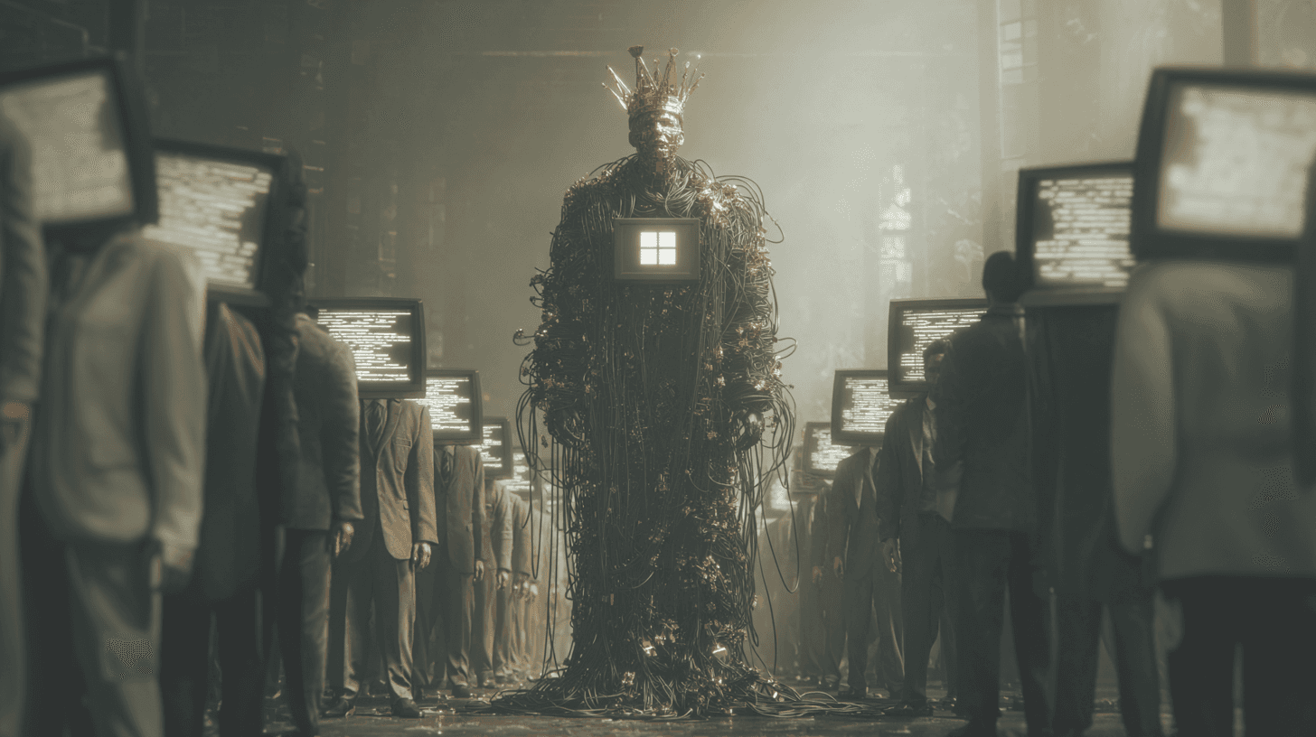 Emperor figure wrapped in tangled cables and wires wearing a crown, with a Microsoft Windows logo on chest, surrounded by faceless workers with computer monitors for heads, representing corporate tech dominance over users