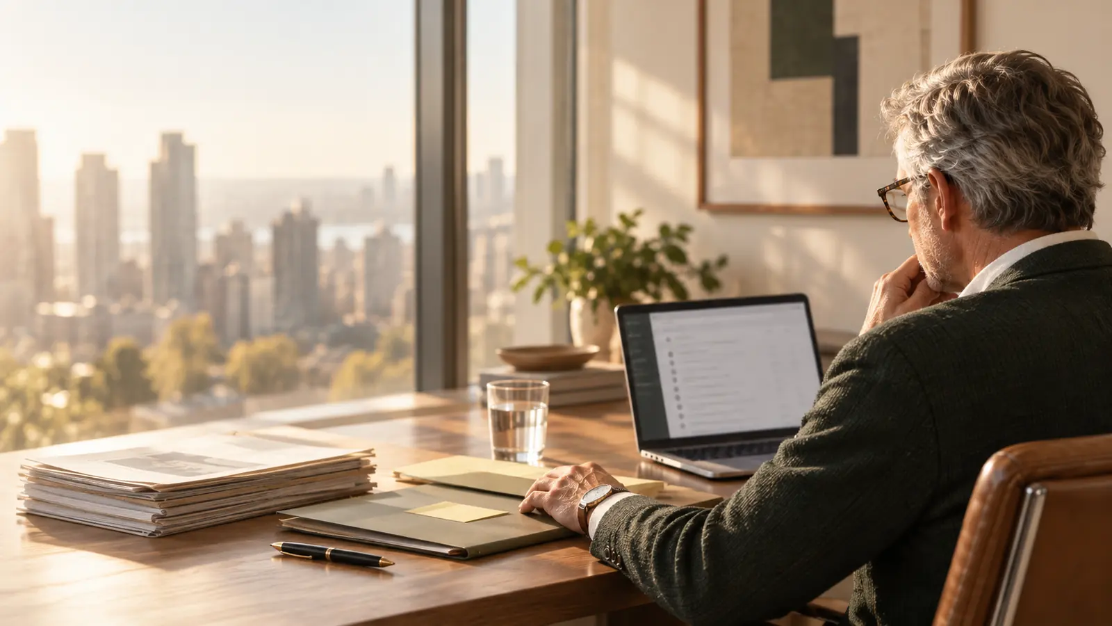 Investment partner reviewing historical material at a desk