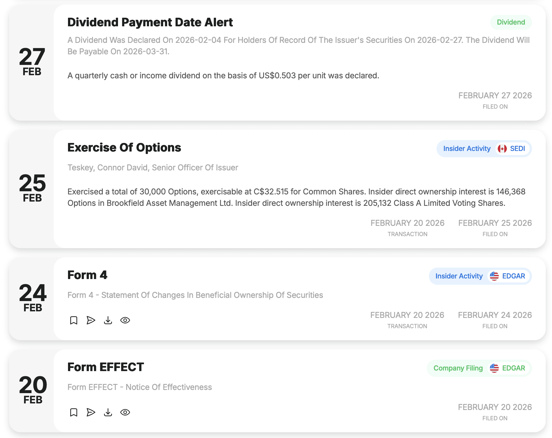 ACCREDITEX Activity Feed showing dividend payment alerts, options exercise, and SEC Form 4 insider filings