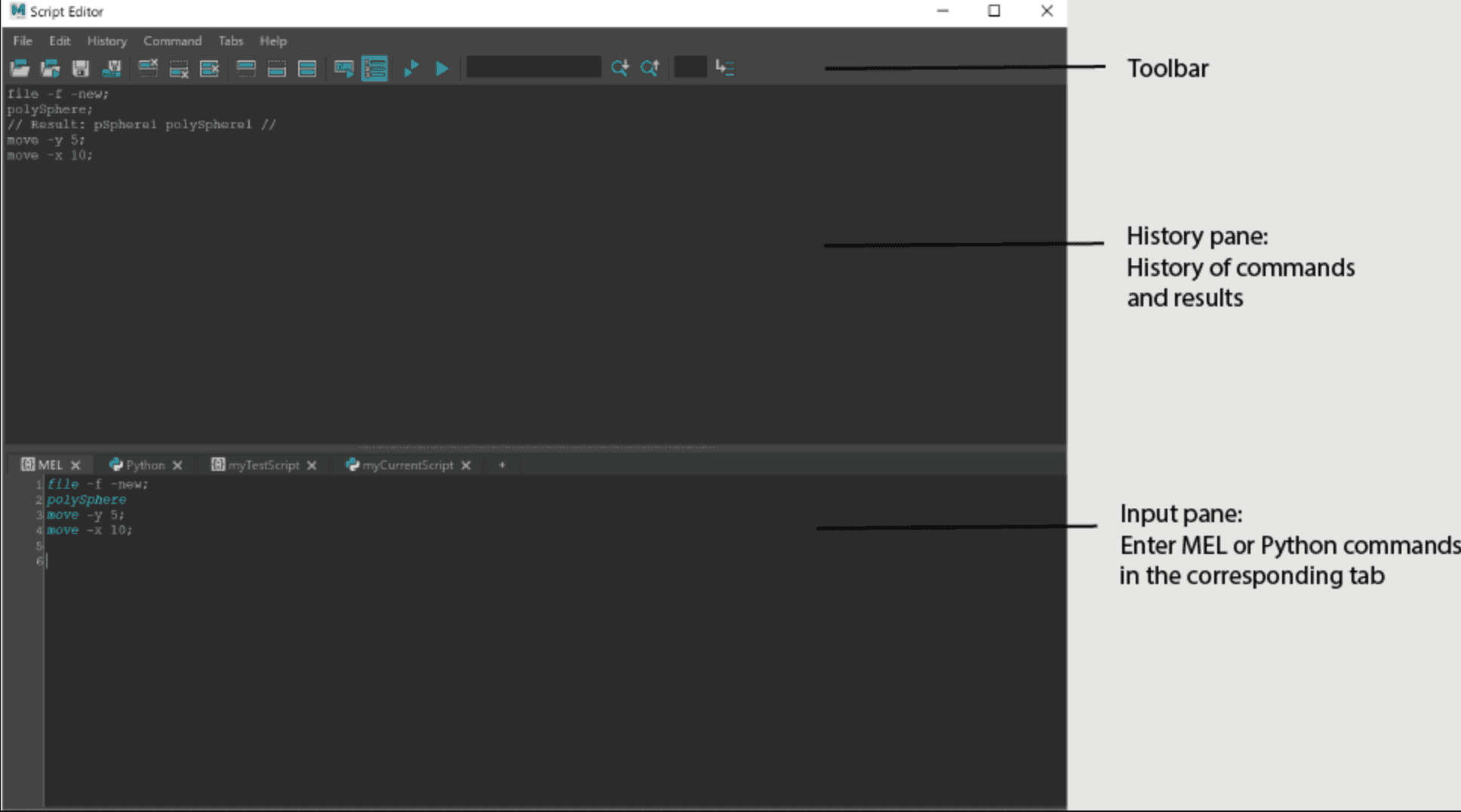 Autodesk Maya Script Editor with Python and MEL input panes
