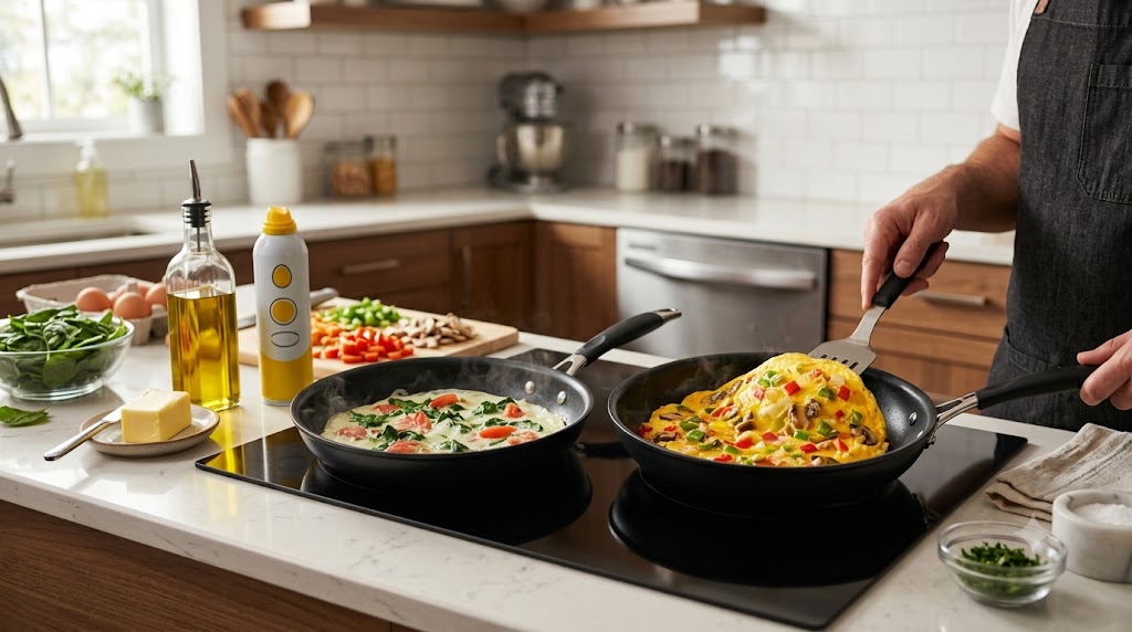 A close-up of a well-stocked kitchen counter featuring a bottle of olive oil, cooking spray, fresh spinach, and eggs, alongside a chef flipping a colorful vegetable omelette on an induction hob.