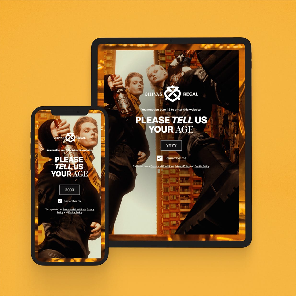 Mobile-first age verification interface designed with high contrast on a vibrant yellow background to optimize the user entry flow.