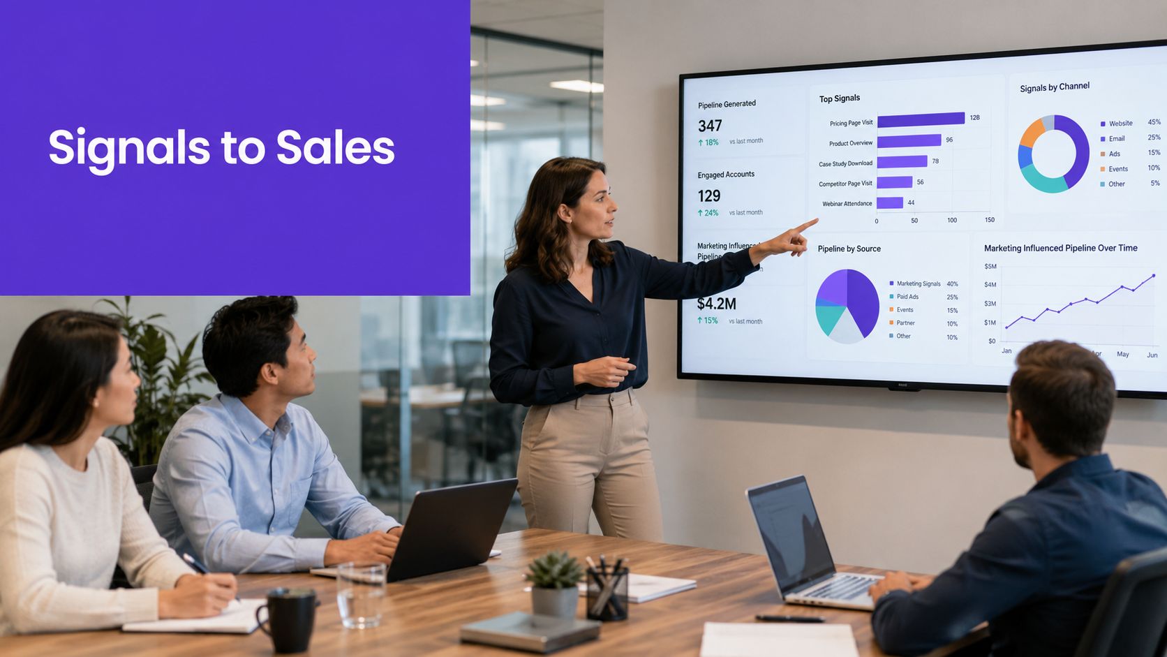 A professional woman presenting marketing data analytics on a large screen to colleagues in a boardroom.